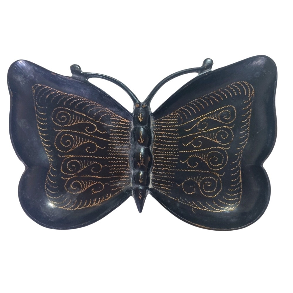 Butterfly Trinket Jewelry Dish Home Decor OS Black Gold Etched Metal India